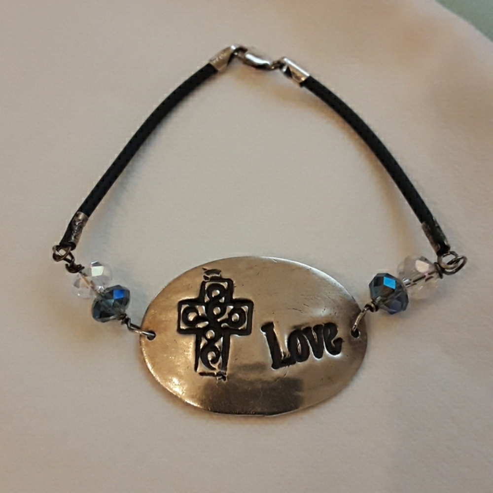 925 Silver Cross & Love Bracelet with Black Cord and beautiful beads